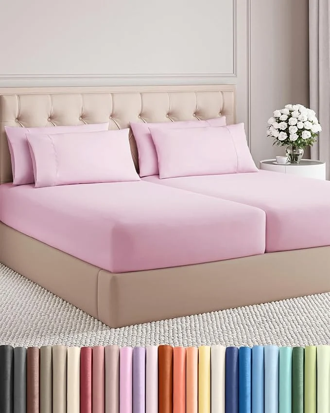 Sustainable Split King 7 Piece Sheet Set - Comfy Breathable amp Cooling - Soft Hotel Luxury Bedding Set with 8-16 Inch Deep Pockets - 1 Flat amp 2 Fitted Sheet amp 4 Pillowcases - Wrinkle amp Easy Care - Light Pink Outstanding