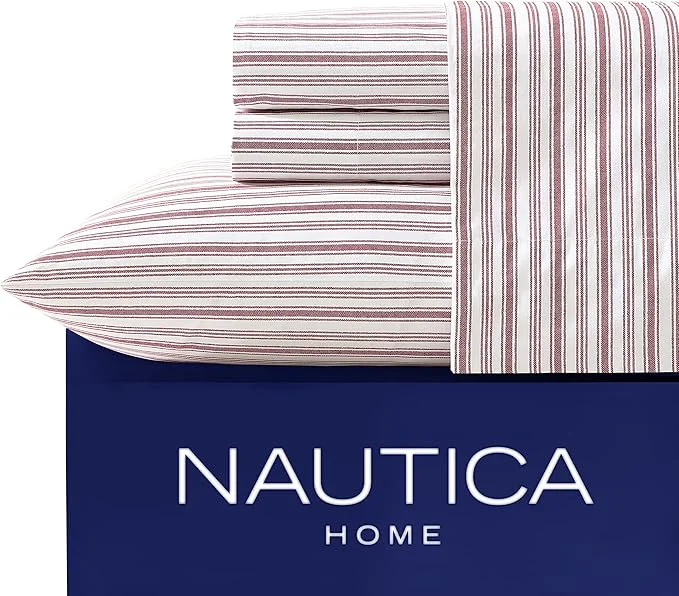 Premium Nautica - King Sheets Cotton Percale Bedding Set Casual Home Decor Coleridge Stripe Red King Smooth