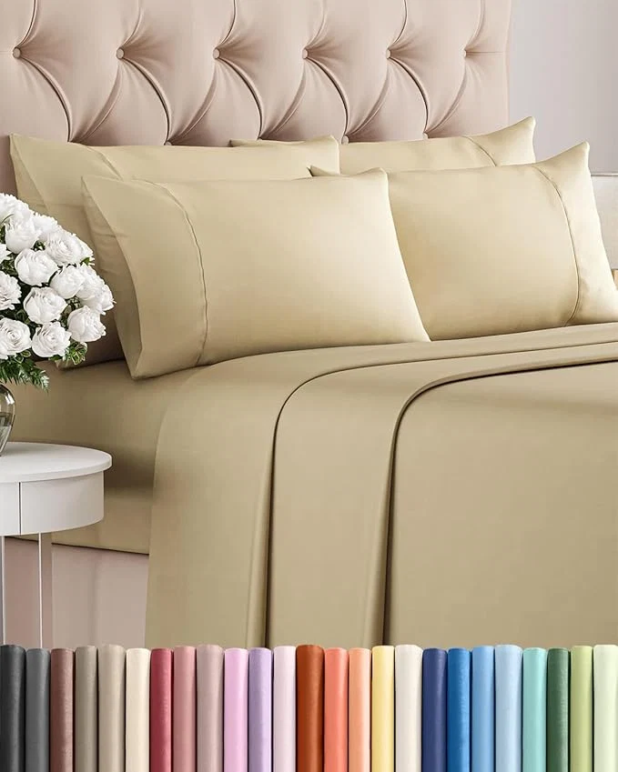 Premium Material Queen 6 Piece Sheet Set - Comfy Breathable amp Cooling - Ultra Soft Hotel Luxury Bedding Set w 8-16 Inch Deep Pockets - 1 Flat amp 1 Fitted Sheet amp 4 Pillowcases - Cozy Wrinkle amp Easy Care - Beige Organic