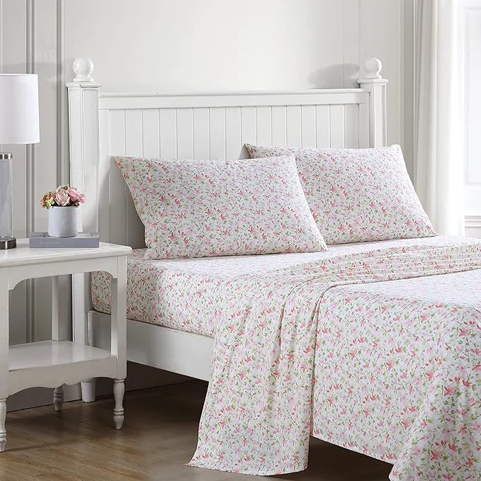Traditional Laura Ashley - King Sheets Cotton Percale Bedding Set Lightweight amp Breathable Home Decor Norella Pink King Quality