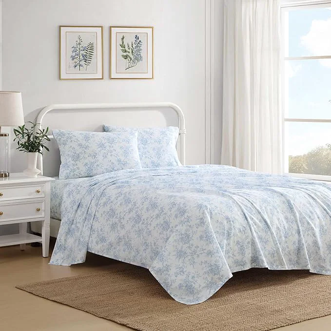 Verified Laura Ashley - King Sheet Set Crisp amp Cool Cotton Percale Bedding with Deep Pockets Lightweight for Year Round Comfort Bed Sheets with Matching Pillowcases Walled Garden Blue Long-Lasting