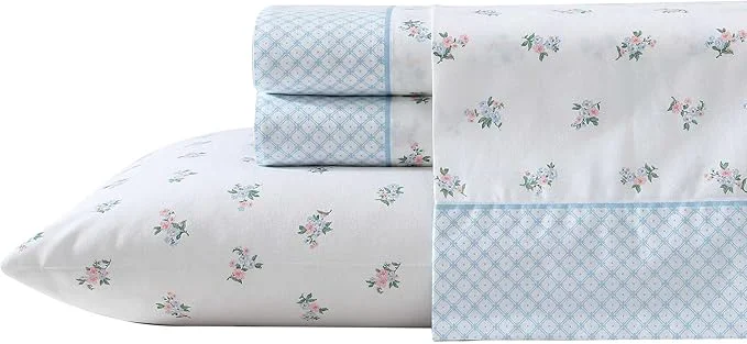 Casual Laura Ashley - Sheet Set Breathable Percale Cotton Bedding 200 Thread Count Deep Pocket Chic Home Decor Harperette Blue Full Clean