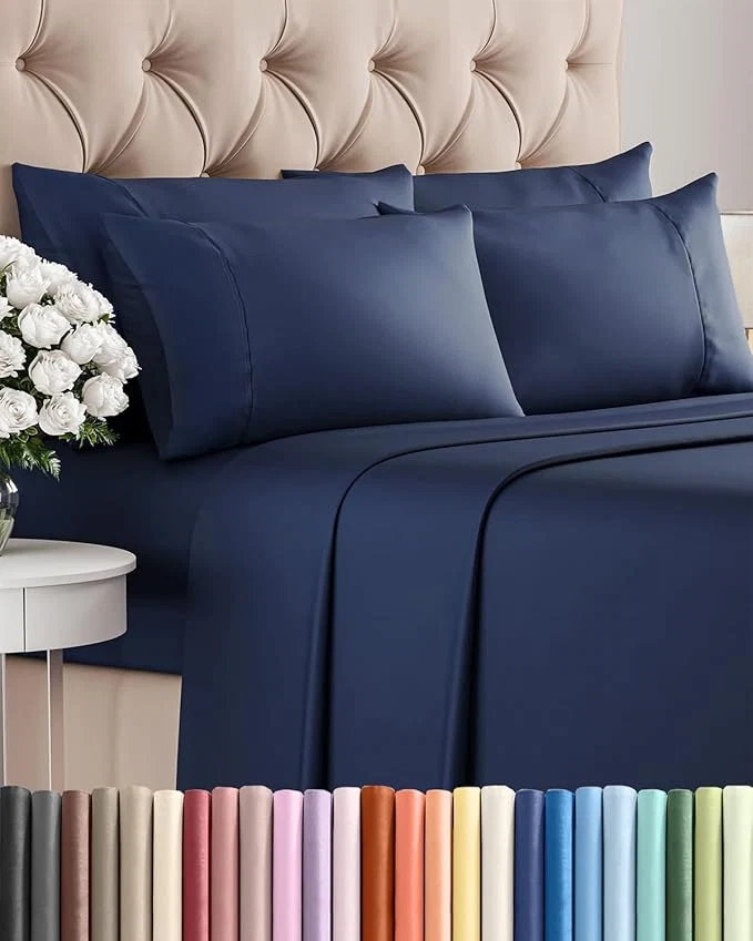 World-Class Queen 6 Piece Sheet Set - Comfy Breathable amp Cooling - Ultra-Soft Hotel Luxury Bedding Set with 8-16 Inch Deep Pockets - 1 Flat amp 1 Fitted Sheet amp 4 Pillowcases - Wrinkle amp Easy Care - Navy Blue Fashionable