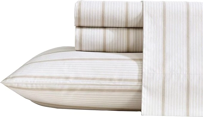 Specialty Nautica - Queen Sheets Premium Cotton Percale Bedding Set Striped Home Decor Oeko-Tex Merrick Stripe Beige Queen Exceptional