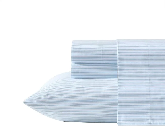 Environmentally Friendly Laura Ashley - Queen Sheet Set Crisp amp Cool Cotton Percale Bed Sheets Deep Pockets Striped Bedding with Matching Fitted Sheet amp Pillowcases Bedford Skinny Stripe Blue Expertly Made