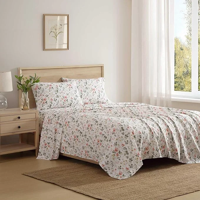 Top-Quality Laura Ashley - Queen Sheet Set Crisp amp Cool Cotton Percale Bedding with Deep Pockets Lightweight for Year Round Comfort Bed Sheets with Matching Pillowcases Meadow Floral Beige Solid