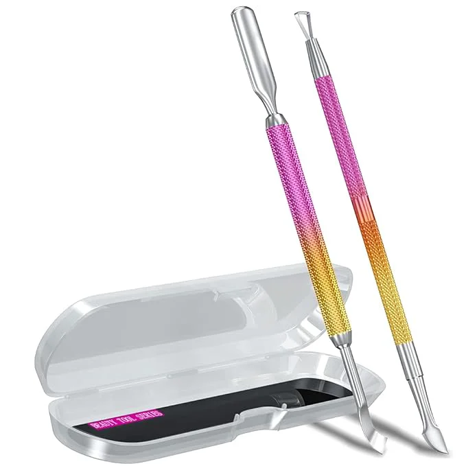 Sustainable 2PCS Metal Pink-Yellow Gradient Cuticle Pusher and Cutter Remover Salon Quality Trusted