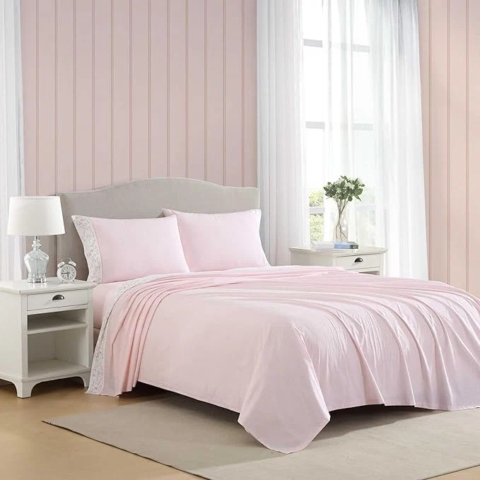 Selected Laura Ashley - Full Sheet Set Crisp amp Cool Cotton Percale Bedding with Deep Pockets Lightweight for Year Round Comfort Bed Sheets with Matching Pillowcases Victorian Scroll Pink Official