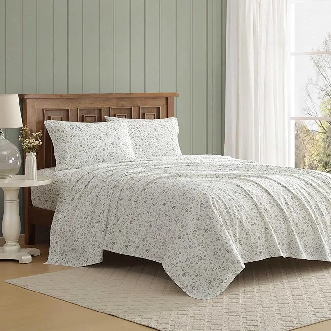 Smooth Laura Ashley - Queen Sheet Set Crisp amp Cool Cotton Percale Bedding with Deep Pockets Lightweight for Year Round Comfort Bed Sheets with Matching Pillowcases Miranda Green Certified