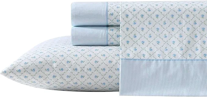 Consistent Laura Ashley - Sheet Set Breathable Percale Cotton Bedding 200 Thread Count Deep Pocket Chic Home Decor Kate Blue King Responsible