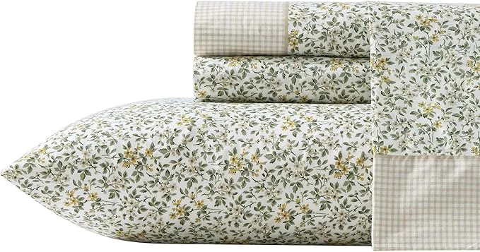 Secure Laura Ashley - Twin Sheet Set Breathable Percale Cotton Bedding with Deep Pockets Chic Home Decor Oeko-Tex Tierney Green Twin Innovative