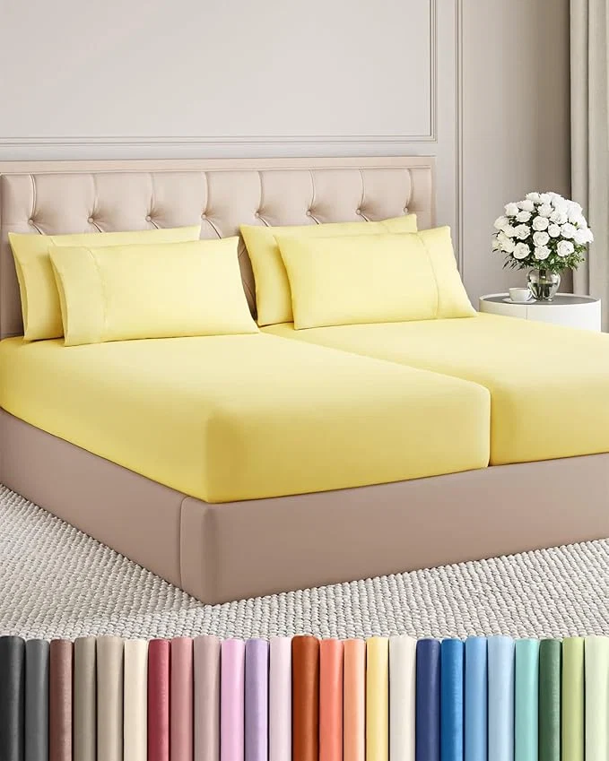 Unique Split King 7 Piece Sheet Set - Comfy Breathable amp Cooling - Ultra-Soft Hotel Luxury Bedding Set w 8-16 Inch Deep Pockets - 1 Flat amp 2 Fitted Sheet amp 4 Pillowcases - Wrinkle amp Easy Care - Yellow Sophisticated