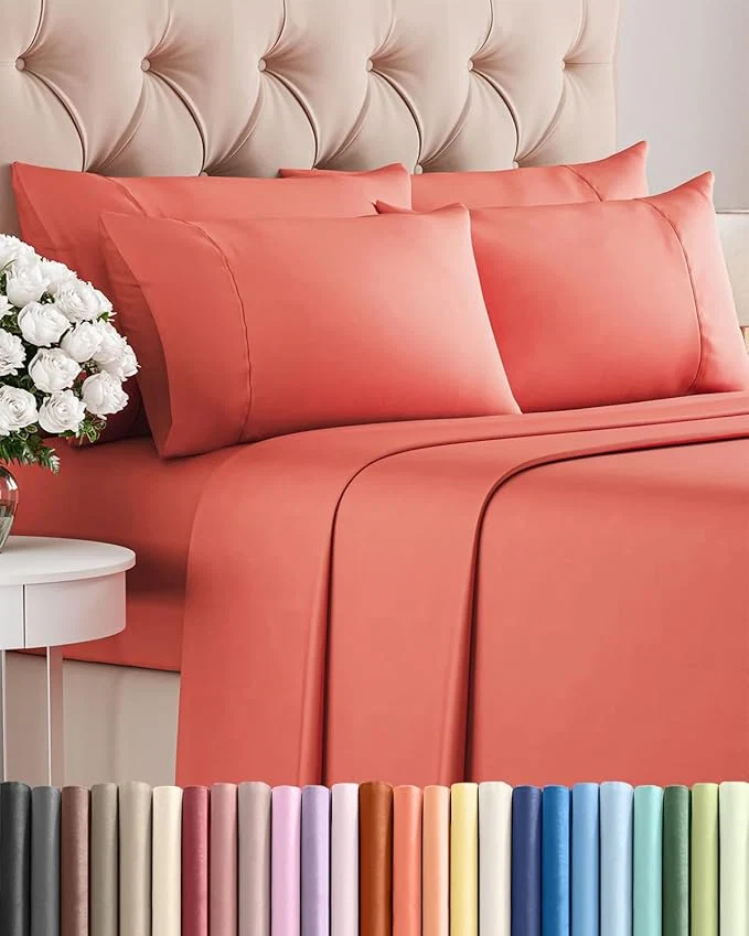 Full 6 Piece Sheet Set - Comfy Breathable amp Cooling - Ultra Soft Hotel Luxury Bedding Set with 8-16 Inch Deep Pockets - 1 Flat amp 1 Fitted Sheet amp 4 Pillowcases - Cozy Wrinkle amp Easy Care - Coral Organic