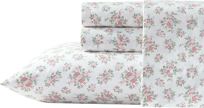 Long-Lasting Laura Ashley - Sheets Cotton Percale Bedding with Matching Pillowcase Crisp amp Breathable Deep Pocket Fully Elasticized Leanna Rose Pink Twin XL First-Class