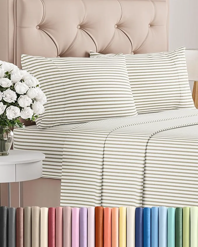 Powerful Twin 4 Piece Sheet Set - Comfy Breathable amp Cooling - Soft Hotel Luxury Bedding Set with 8-16 Inch Deep Pockets - 1 Flat amp 1 Fitted Sheet amp 2 Pillowcases - Wrinkle amp Easy Care - Beige Stripes 2 Outstanding