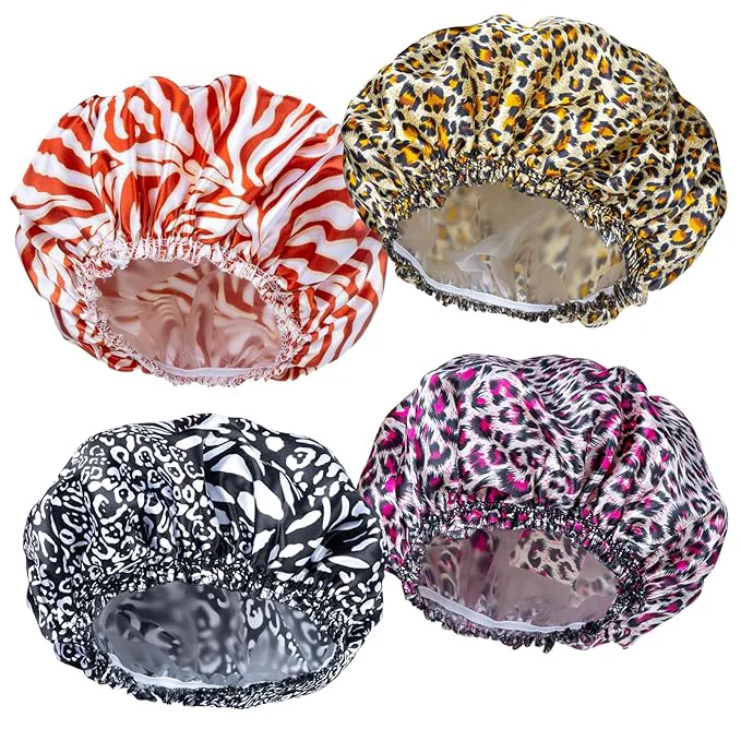 Superior 4 PCS Shower Caps for Women Elastic and Reusable Bath Caps Double Waterproof Exclusive