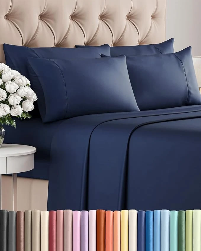 Optimized King 6 Piece Sheet Set - Comfy Breathable amp Cooling - Ultra-Soft Hotel Luxury Bedding Set with 8-16 Inch Deep Pockets - 1 Flat amp 1 Fitted Sheet amp 4 Pillowcases - Wrinkle amp Easy Care - Navy Blue Responsible