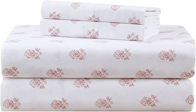 Responsible Comfort Spaces Cotton Sheets Queen Breathable Naturally Cool Cotton Sheets Soft Cotton Bed Sheets with 14 quot Elastic Pocket Fits up to 16 quot Mattress All Seasons Sheet Set Floral Pink 4 Piece Flexible