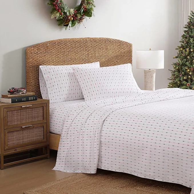 Official Tommy Bahama - Queen Size Sheet Set Crisp amp Cool Cotton Percale Bedding with a Smooth Lightweight Feel 4 Piece Holiday Bed Sheets with Matching Pillowcases Pineapple Pinstripe Red Breathable