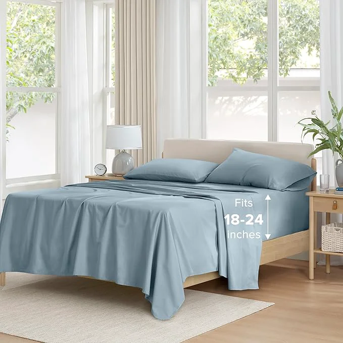 Trusted Comfort Spaces Extra Deep Pocket Cotton Sheets Queen Fits up to 24 quot Mattress Breathable Naturally Cool Cotton Soft Cotton All Seasons Sheet Set Blue 4 Piece Efficient