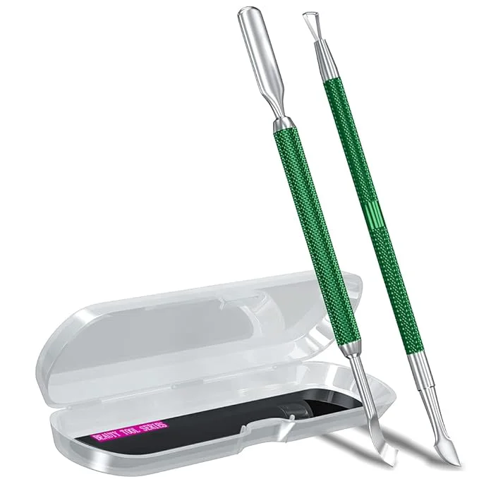 Pure GA EN 2PCS Metal Dark Green Cuticle Pusher and Cutter Remover Salon Quality Flexible