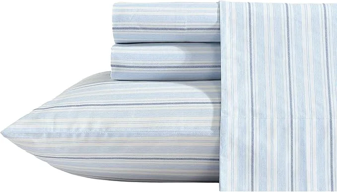 High-End Nautica - Sheets Cotton Percale Bedding Set with Matching Pillowcases Crisp amp Cool Deep Pocket Camp Stripe Blue King Fine