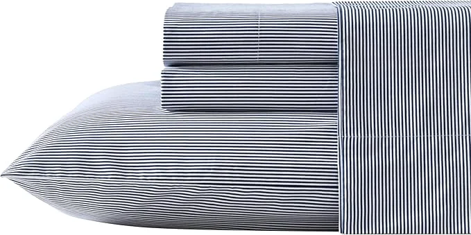 Specialty Nautica - Twin XL Sheet Set Lightweight amp Breathable Cotton Percale Bedding Set with Matching Sham s Crisp amp Cool Bedding Essentials Oeko-Tex Penny Pinstripe Navy Twin XL Crafted