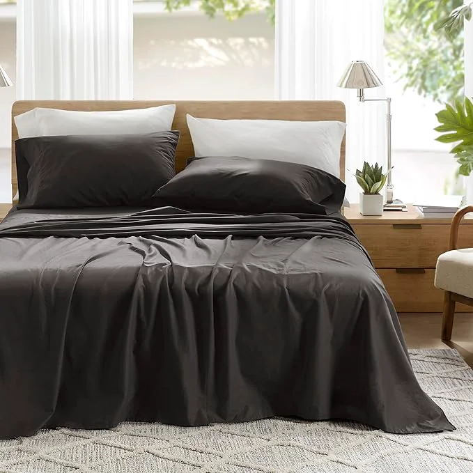 Sustainable Comfort Spaces Cotton Sheets King Breathable amp Ultra Soft Cotton Sheets Naturally Cool Cotton Bed Sheets with 14 quot Elastic Pocket Fits up to 16 quot Mattress All Season Sheet Set Black 4 Piece Fast