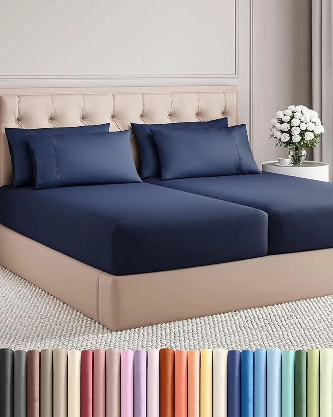 Elegant Split King 7 Piece Sheet Set - Comfy Breathable amp Cooling - Soft Hotel Luxury Bedding Set with 8-16 Inch Deep Pockets - 1 Flat amp 2 Fitted Sheet amp 4 Pillowcases - Wrinkle amp Easy Care - Navy Blue Convenient