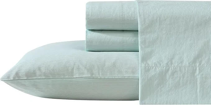 Crafted Nautica - Full Sheet Set Cotton Percale Bedding Set Crisp amp Cool Lightweight amp Breathable Penny Pinstripe White Full High-Quality