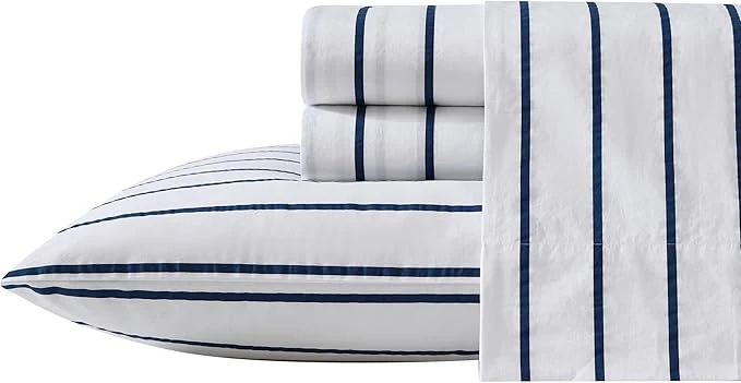 Relaxed Nautica - Full Sheet Set Cotton Percale Bedding Set Crisp amp Cool Lightweight amp Breathable Brenton Stripe Navy Blue Full Recyclable