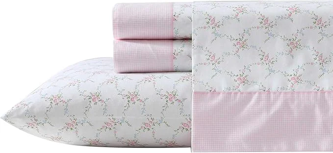 Responsible Laura Ashley - Sheet Set Breathable Percale Cotton Bedding 200 Thread Count Deep Pocket Chic Home Decor Lynda Pink King Contemporary