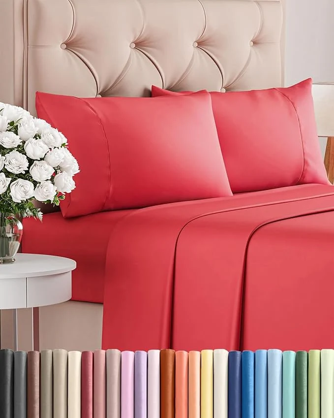 Effective Twin XL 4 Piece Sheet Set - Comfy Breathable amp Cooling - Ultra Soft Hotel Luxury Bedding Set w 8-16 Inch Deep Pockets - 1 Flat amp 1 Fitted Sheet amp 2 Pillowcases - Cozy Wrinkle amp Easy Care - Red Superior