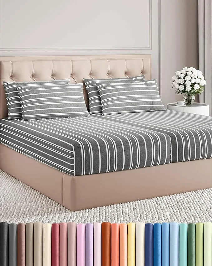 Outstanding Split King 7 Piece Sheet Set - Comfy Breathable amp Cooling - Soft Hotel Luxury Bedding Set w 8-16 Inch Deep Pockets - 1 Flat amp 2 Fitted Sheet amp 4 Pillowcases - Cozy and Wrinkle - Grey Stripes 3 Minimalist