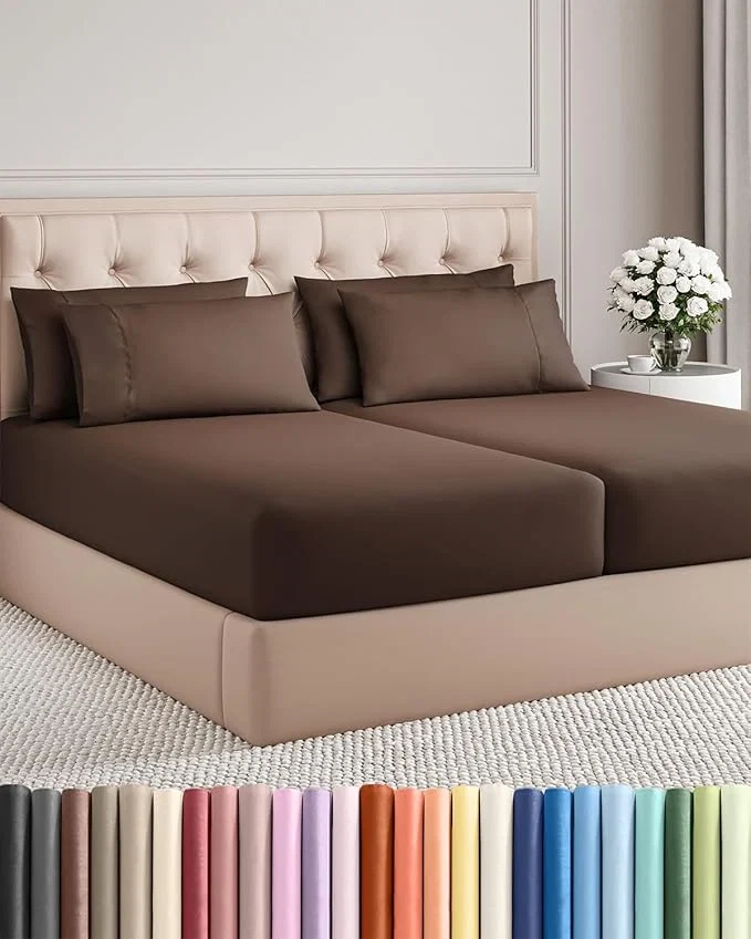 Verified Split King 7 Piece Sheet Set - Comfy Breathable amp Cooling - Ultra-Soft Hotel Luxury Bedding Set w 8-16 Inch Deep Pockets - 1 Flat amp 2 Fitted Sheet amp 4 Pillowcases - Wrinkle amp Easy Care - Brown Fine Crafted