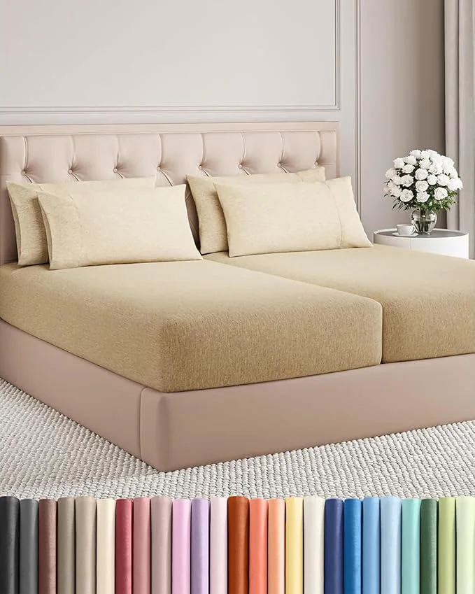 Contemporary Split King Sheets Set 7 Piece - Includes 4 Pillowcases - Bed Sheets Split King - Soft Hotel Luxury Bedding - Cooling and Breathable - 1 Flat amp 2 Fitted amp 4 Pillowcases w Deep Pockets - Heathered Tan Safe