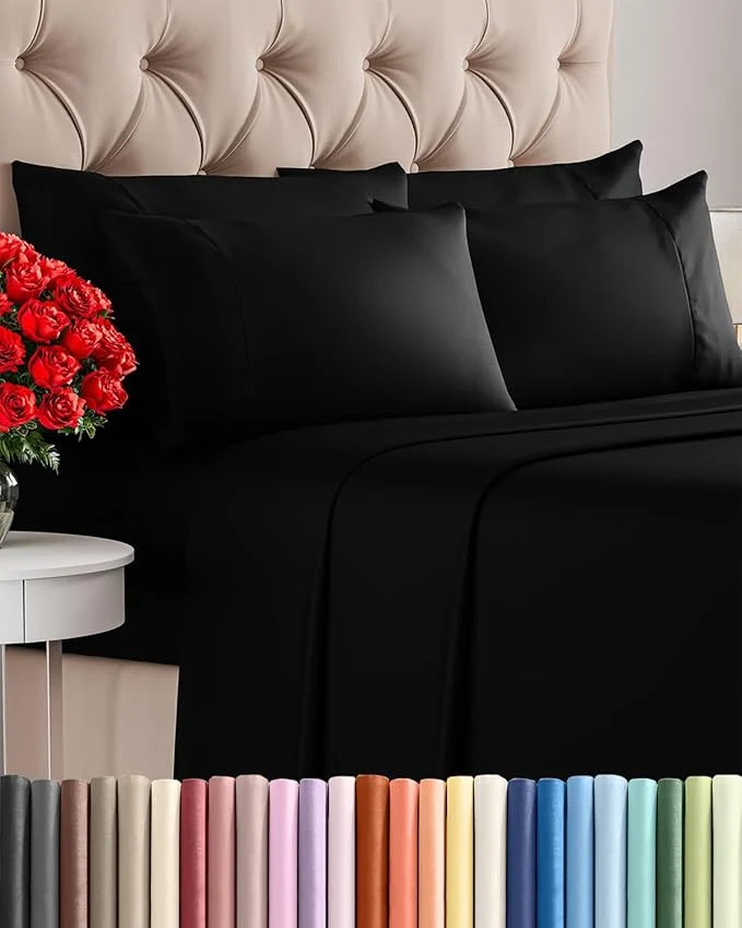 Carefully Designed King 6 Piece Sheet Set - Comfy Breathable amp Cooling - Ultra Soft Hotel Luxury Bedding Set with 8-16 Inch Deep Pockets - 1 Flat amp 1 Fitted Sheet amp 4 Pillowcases - Cozy Wrinkle amp Easy Care - Black Enhanced