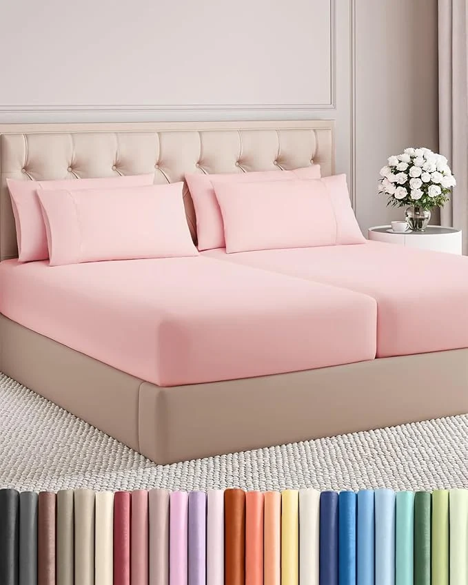 Elite Split King 7 Piece Sheet Set - Comfy Breathable amp Cooling - Soft Hotel Luxury Bedding Set with 8-16 Inch Deep Pockets - 1 Flat amp 2 Fitted Sheet amp 4 Pillowcases - Wrinkle amp Easy Care - Baby Pink Stylish