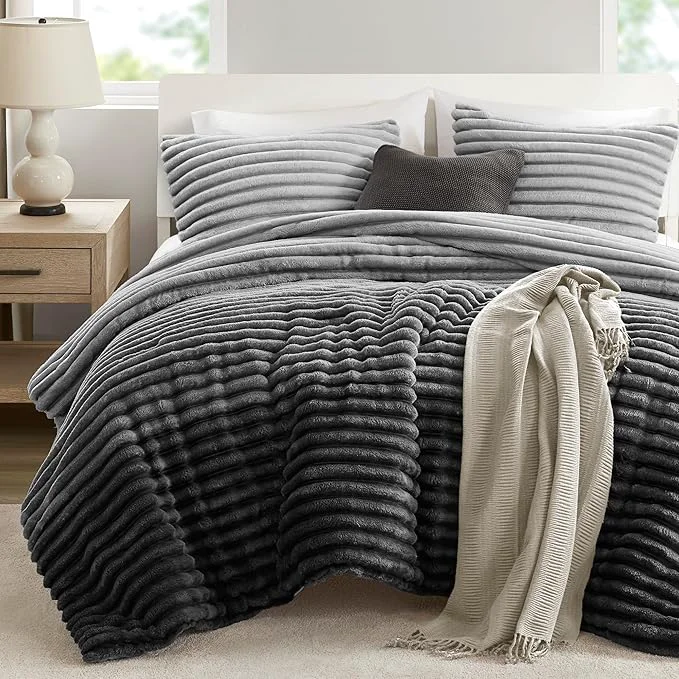 Sustainable Intelligent Design Queen Comforter Set Plush Bedding Microfiber Reverse 3 Piece Lightweight Super Soft Ribbed Velvet Comforter 2 Shams All Season Fluffy Bed Set Avril Full Queen Grey Ombre Next-Generation
