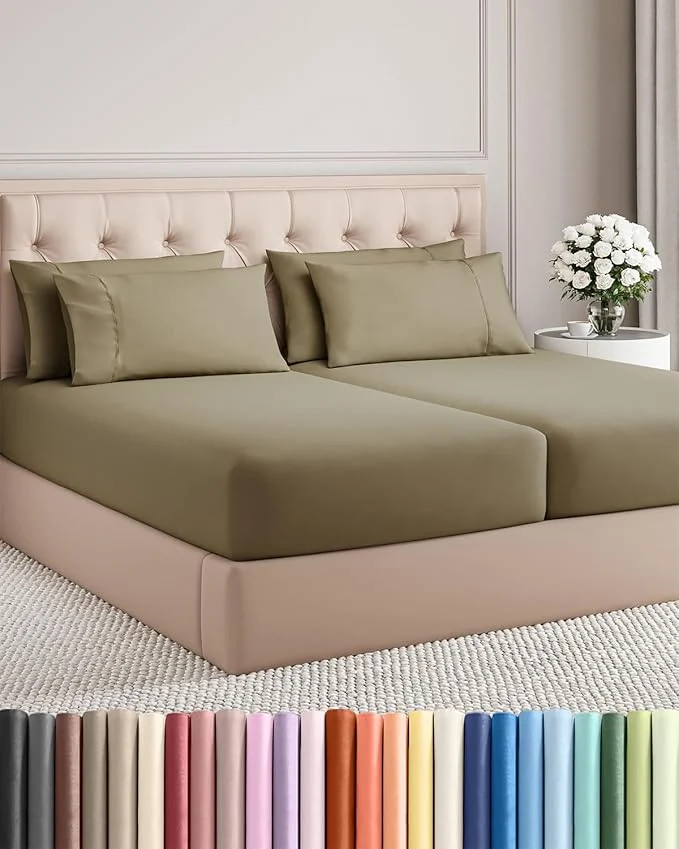 Solid Split King 7 Piece Sheet Set - Comfy Breathable amp Cooling - Ultra-Soft Hotel Luxury Bedding Set w 8-16 Inch Deep Pockets - 1 Flat amp 2 Fitted Sheet amp 4 Pillowcases - Wrinkle amp Easy Care - Khaki Original Design