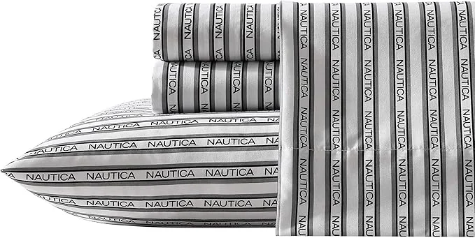Authentic Nautica - Twin XL Sheet Set Breathable amp Cooling Microfiber Bedding with Matching Sham s Casual Home Decor Striped Nautica Logo Grey Twin XL Trusted