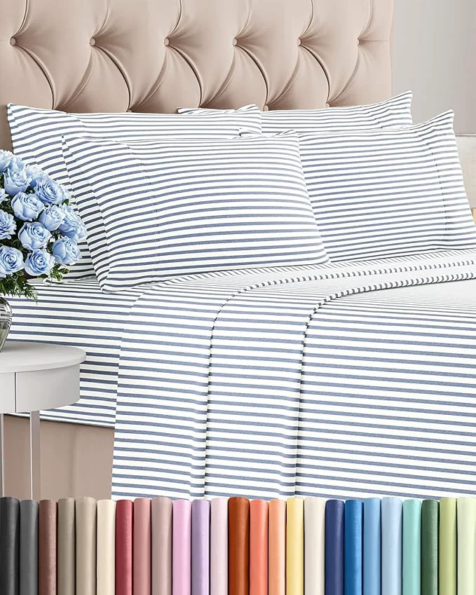Unique Full 6 Piece Sheet Set - Comfy Breathable amp Cooling - Soft Hotel Luxury Bedding Set with 8-16 Inch Deep Pockets - 1 Flat amp 1 Fitted Sheet amp 4 Pillowcases - Wrinkle amp Easy Care - Blue Stripes 2 Fine