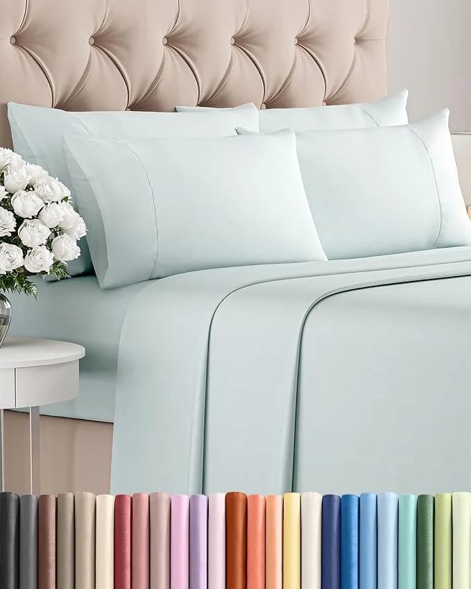 Pure Full 6 Piece Sheet Set - Comfy Breathable amp Cooling - Ultra Soft Hotel Luxury Bedding Set w 8-16 Inch Deep Pockets - 1 Flat amp 1 Fitted Sheet amp 4 Pillowcases - Wrinkle and Easy Care - Ice Blue World-Class