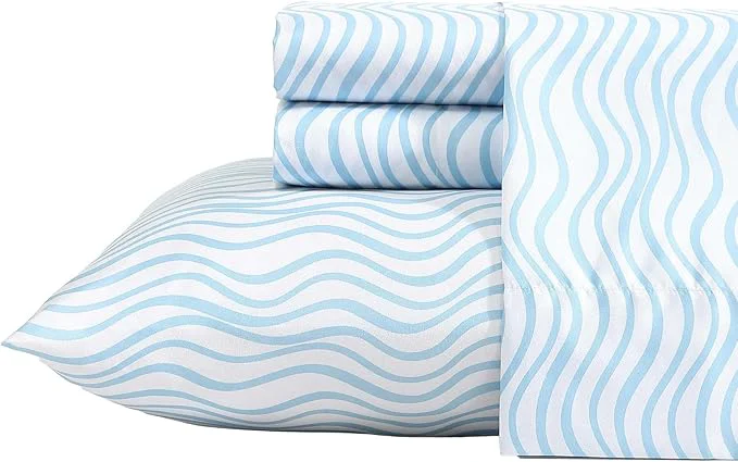 Trendy Nautica - Sheet Set Breathable amp Cooling Microfiber Bedding with Matching Pillowcase Deep Pocket Fully Elasticized Linearly Waves Ocean Breeze Blue Twin Quality