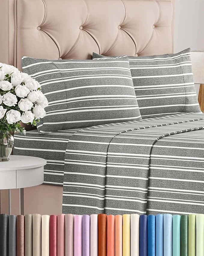 Efficient Twin 4 Piece Sheet Set - Comfy Breathable amp Cooling - Soft Hotel Luxury Bedding Set with 8-16 Inch Deep Pockets - 1 Flat amp 1 Fitted Sheet amp 2 Pillowcases - Wrinkle amp Easy Care - Grey Stripes 3 Modern