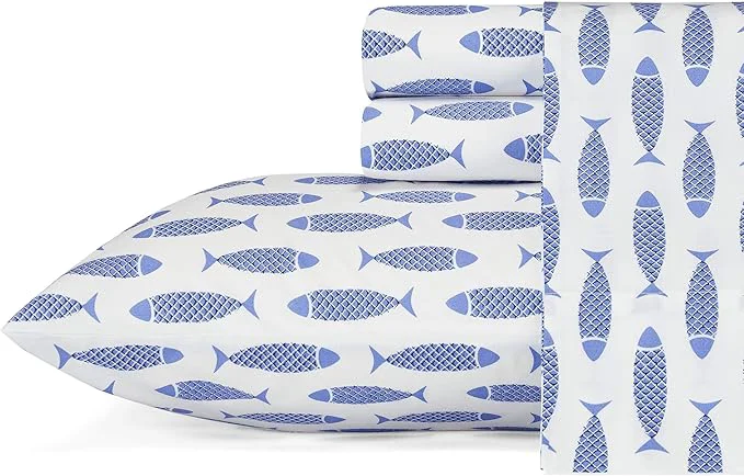 Expertly Made Nautica - Twin Sheets Cotton Percale Bedding Set Fully Elasticized I Dorm Essentials Woodblock Fish Blue Twin Clean
