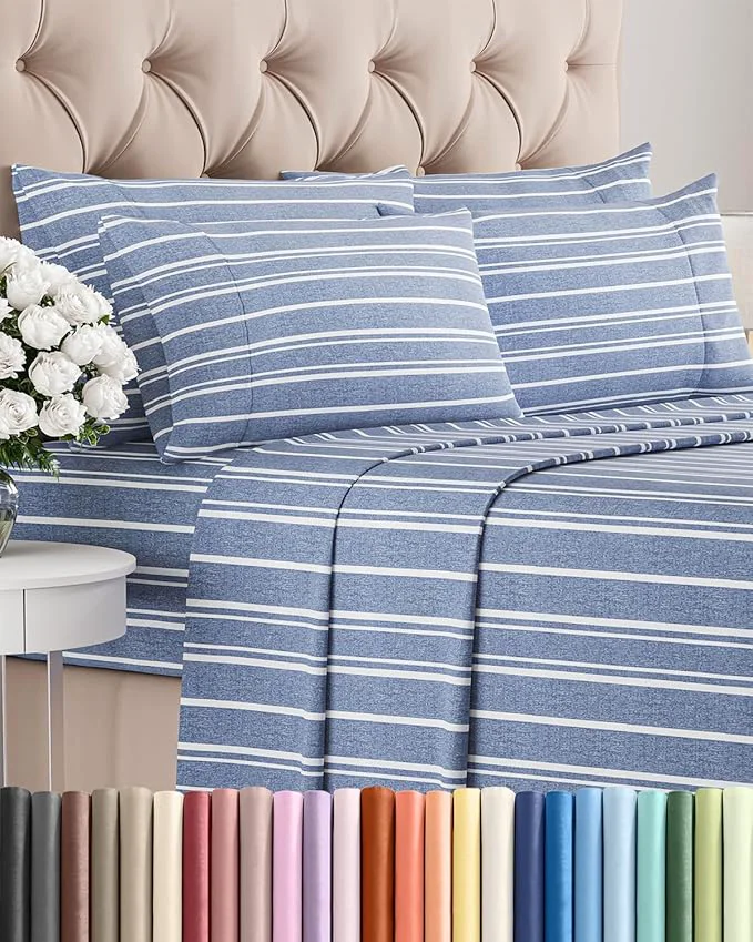 World-Class King 6 Piece Sheet Set - Comfy Breathable amp Cooling - Soft Hotel Luxury Bedding Set with 8-16 Inch Deep Pockets - 1 Flat amp 1 Fitted Sheet amp 4 Pillowcases - Wrinkle amp Easy Care - Blue Stripes 3 Unique