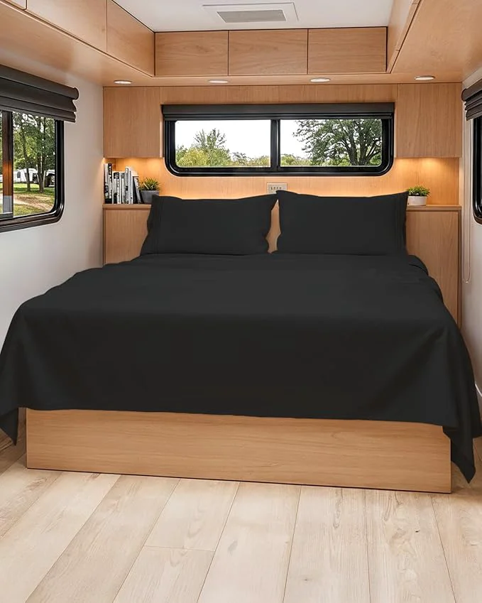 Secure Short Queen Size 4 Piece Sheet Set - RV Short Queen Soft Breathable amp Cooling Bed Sheets Set with Deep Pockets - Hotel Luxury Bedding for Women Men Kids Teens Boys and Girls - Oeko-Tex - Black World-Class