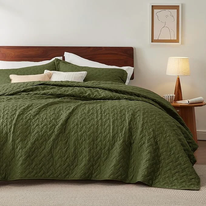 Expertly Made Bedsure Quilts King Size - Lightweight Bedspreads King Size with Basket Weave Pattern Soft Quilt Bedding Set Olive Green Comforter Set Coverlet for All Seasons with 2 Pillow Shams 106 quot x 96 quot Skin-Friendly Soft All-Season Comfort Breathable Lig... Exclusive