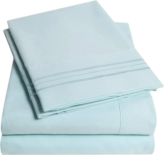 Premium Material 1500 Supreme Collection Queen Sheet Sets Light Blue- Luxury Hotel Bed Sheets and Pillowcase Set for Queen Mattress - Extra Soft Elastic Corner Straps Deep Pocket Sheets Queen Light Blue Recyclable
